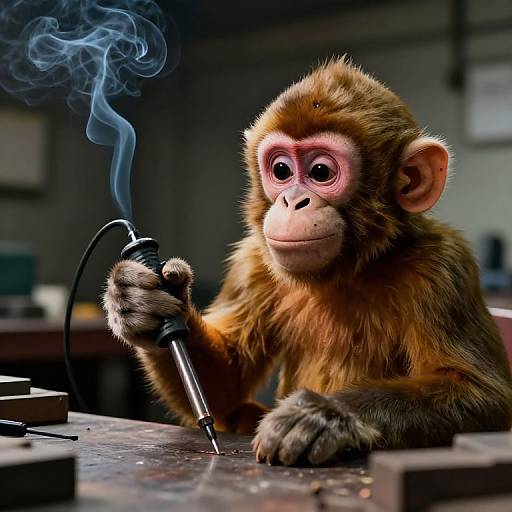 Photorealistic CGI of a cute, brown-furred monkey with pink eyes and a smiling face, smoking a cigarette from a black vaporizer, in