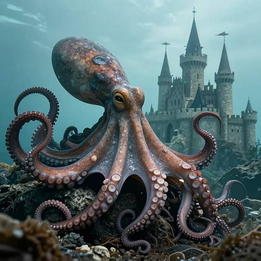 Photograph of a detailed, realistic octopus with textured, pinkish tentacles in the foreground, with a medieval castle and blue sky in the background