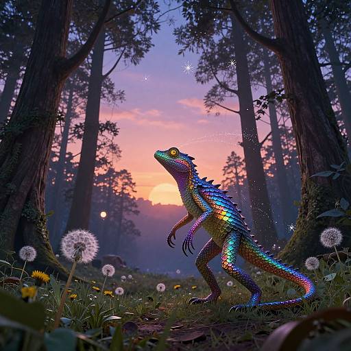Digital artwork of a vibrant, multicolored lizard with glowing scales in a mystical forest at sunset, surrounded by dandelions and twinkling stars.
