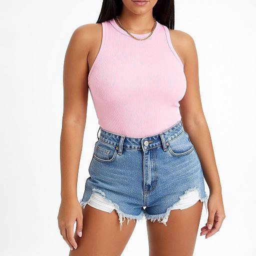 Photograph of a woman with tan skin, black hair, wearing a pink ribbed tank top and frayed blue denim shorts against a white background.