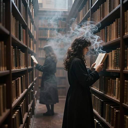 Photograph of two women with long hair, smoking, standing in a dimly lit, narrow library aisle, surrounded by tall bookshelves.