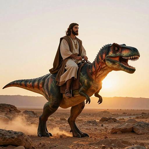 Photograph of Jesus with long brown hair and beard, wearing a white robe and brown vest, riding a colorful, roaring T-Rex in a desert