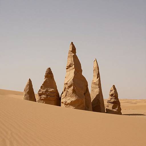 Photograph of four towering, rugged sandstone formations rising from a vast, sunlit desert with fine, rippled sand under a clear, pale blue