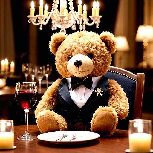 Teddy Bear at Candlelit Wine Table