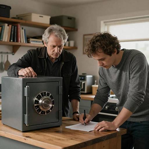 Focused Men in Cluttered Kitchen Scene