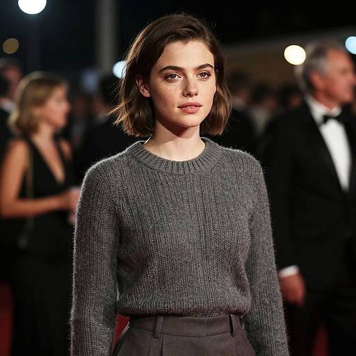 Photograph of a young woman with fair skin and short brown hair, wearing a gray knit sweater and black pants, standing confidently at a glamorous evening event