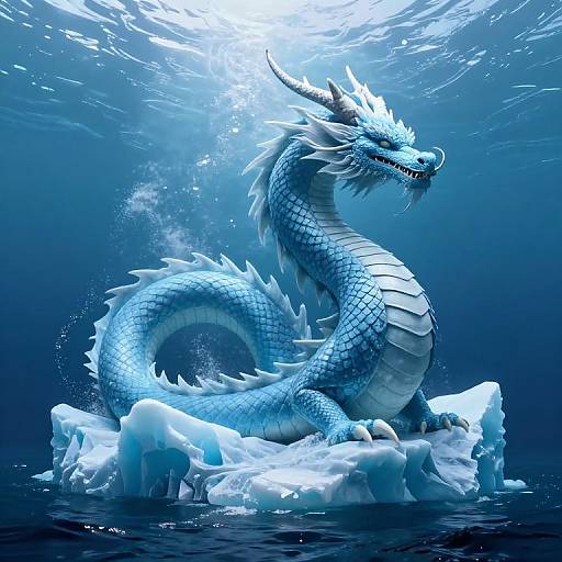 Digital artwork of a majestic, blue, serpentine dragon with white scales and horns, sitting on an icy floe in a deep, underwater ocean
