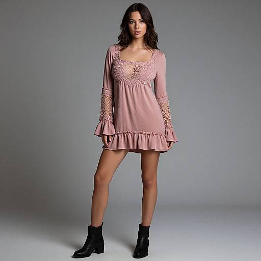 Photograph of a woman with long dark hair, wearing a pink lace-trimmed dress with long sleeves and a ruffled hem, black ankle boots