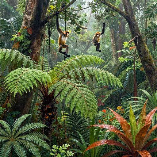 Photograph of two monkey-like creatures hanging from vines in a lush, rainforest setting with vibrant green ferns, large leaves, and raindrops.