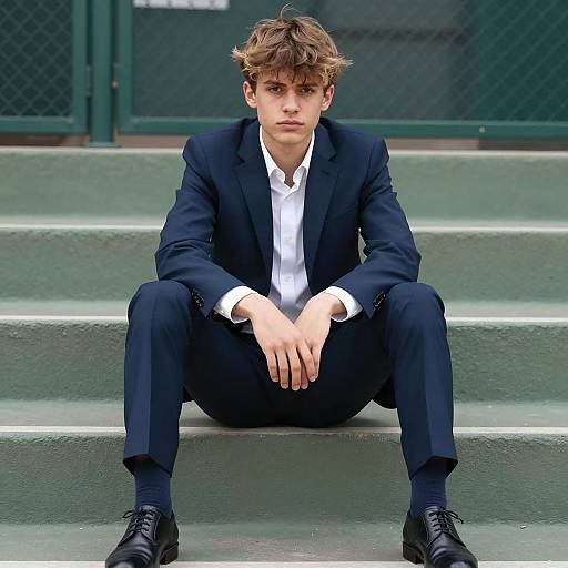 Young Man Sitting on Steps in Blue Suit