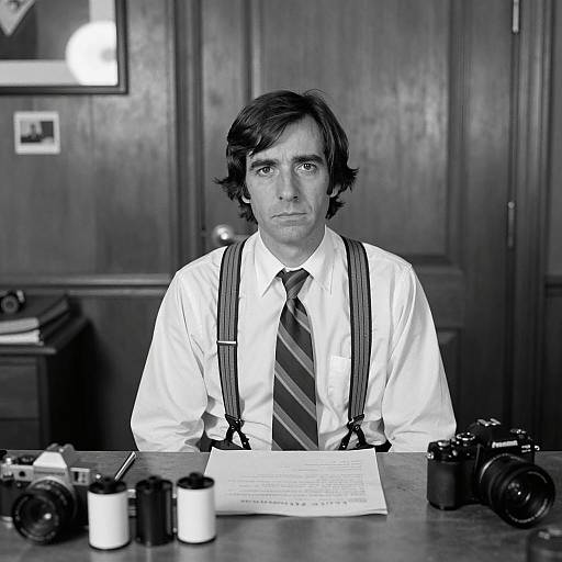 Black and White Portrait of Man at Desk with Cameras
