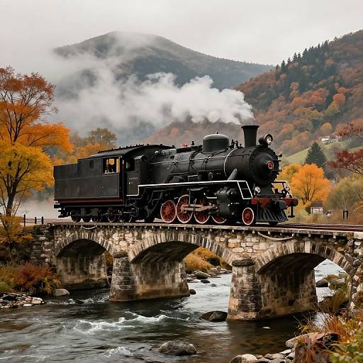 Vintage black steam locomotive with white smoke crossing a stone arch bridge over a flowing river, surrounded by autumn-colored trees and misty mountains. Photoreal