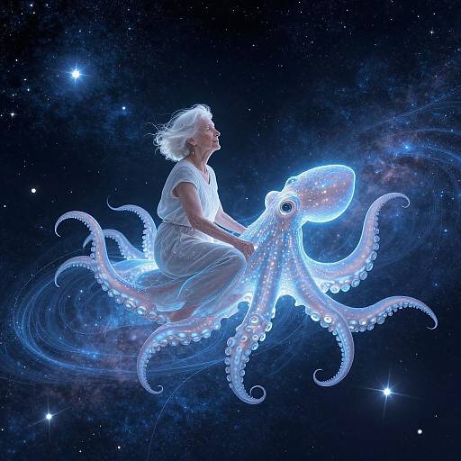 Photograph-like digital art: Silhouetted woman with white hair riding a glowing, ethereal blue octopus against a starry cosmic background.