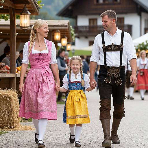 Photograph of a smiling blonde woman in a pink dirndl, holding hands with a man in black lederhosen and a young girl in a