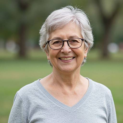 Photograph of an elderly woman with short gray hair, black glasses, and a light gray sweater, smiling outdoors in a green park.