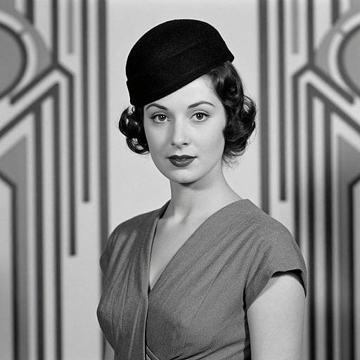 Black-and-white photograph of a 1930s-style woman with wavy hair, dark beret, and V-neck dress, standing against geometric-pattern