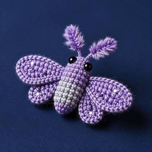 Photograph of a small, purple, bead-embroidered butterfly with fluffy antennae, black shiny eyes, and a white bead center on a