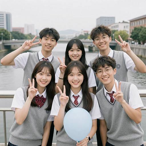 Joyful Asian Students by the River