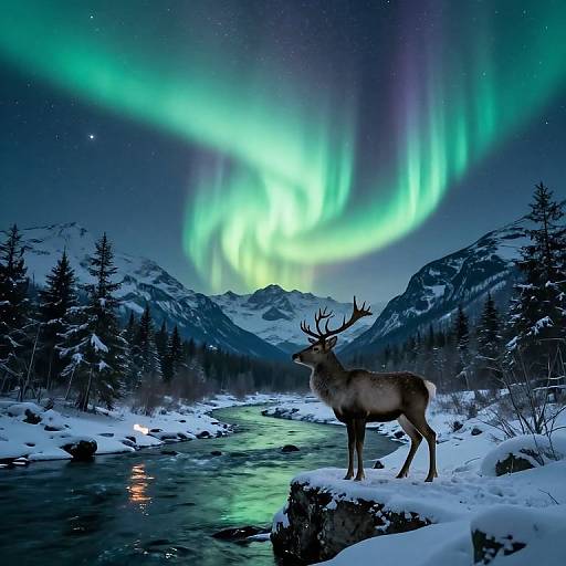 Photograph of a majestic deer with antlers standing by a snow-covered stream, under vibrant green and purple auroras, with snow-capped mountains and