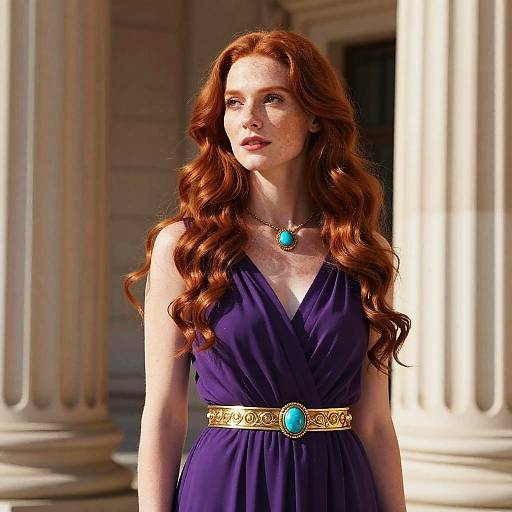Photograph of a red-haired woman with wavy hair, wearing a deep purple V-neck dress, gold belt with turquoise gem, and matching necklace,