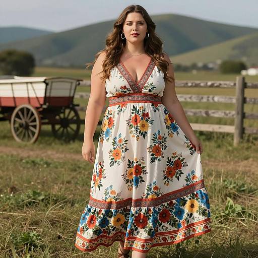 Plus Size Woman in Floral Dress in Pastoral Setting