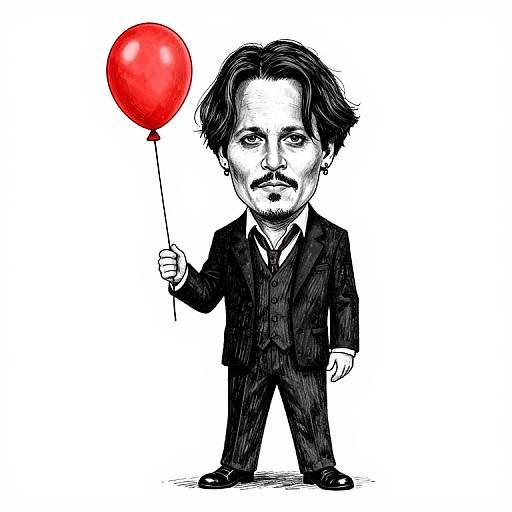 Chibi-style digital drawing of a mustached man in a black suit holding a red balloon, with stark black and white contrast.