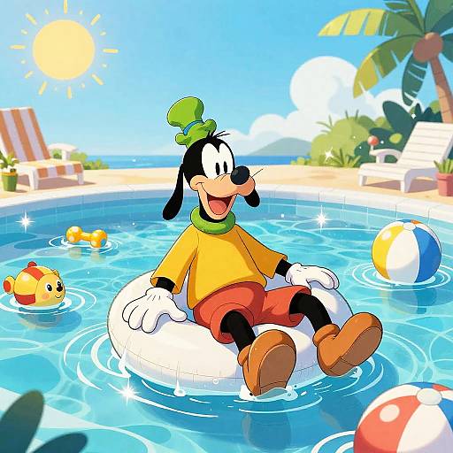 Cartoon dog in yellow shirt and red shorts, sitting on inflatable, enjoying sunny pool with toys and palm trees in background.