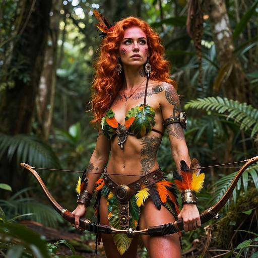 Photorealistic image of a tattooed, red-haired woman with tribal makeup and green, orange, black feathered attire, standing in a dense jungle