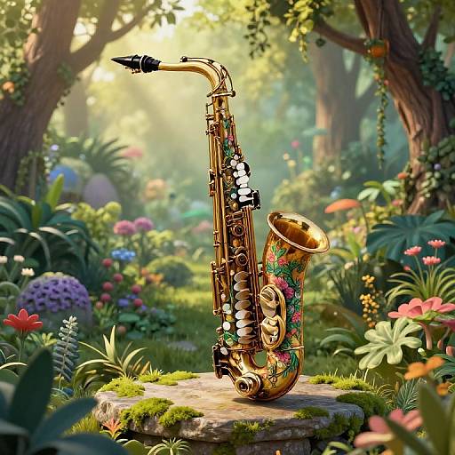 Fantastical CGI image of a golden saxophone adorned with colorful flowers, standing on a mossy stone in a vibrant, sunlit forest filled with