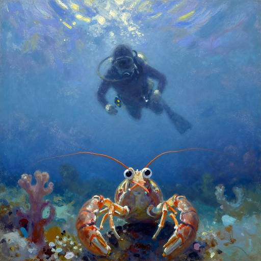 Digital painting of a diver underwater, shadowy figure above, large orange lobster with long antennae centered on vibrant blue ocean floor.
