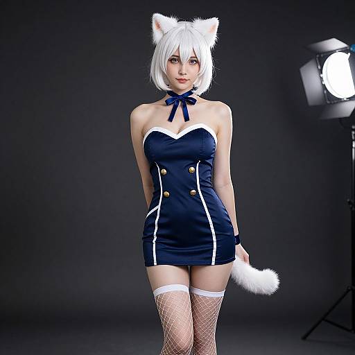 CGI anime-style woman with white cat ears, white bob haircut, blue strapless dress, white thigh-highs, and white fur tail, posing
