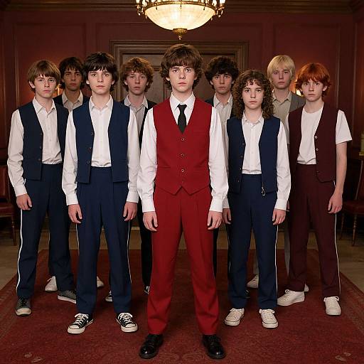 Photograph of a group of eight young boys in formal attire; central boy wears red vest and pants, others in white shirts and dark vests, standing