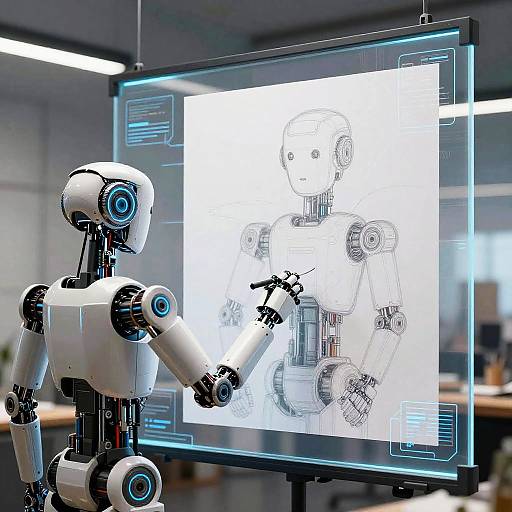 Photograph of a white robotic arm drawing a digital sketch of a humanoid robot on a glowing, blue-bordered screen.