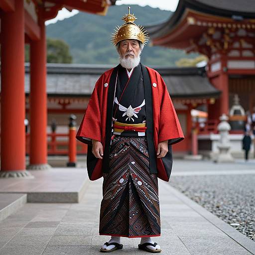 Photograph of an elderly Japanese man with a white beard, wearing a gold crown, red kimono, black hakama with white patterns, standing in