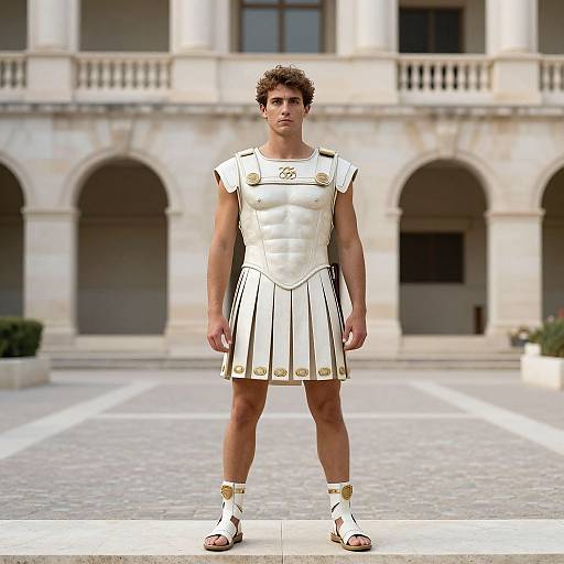 Photograph of a muscular man with curly brown hair, dressed as a Roman gladiator in white armor and sandals, standing in front of a classical stone