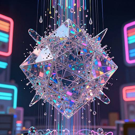 Digital art of a glowing, crystal-like geometric sphere suspended by strings, surrounded by neon lights and water droplets, creating a futuristic, neon-lit