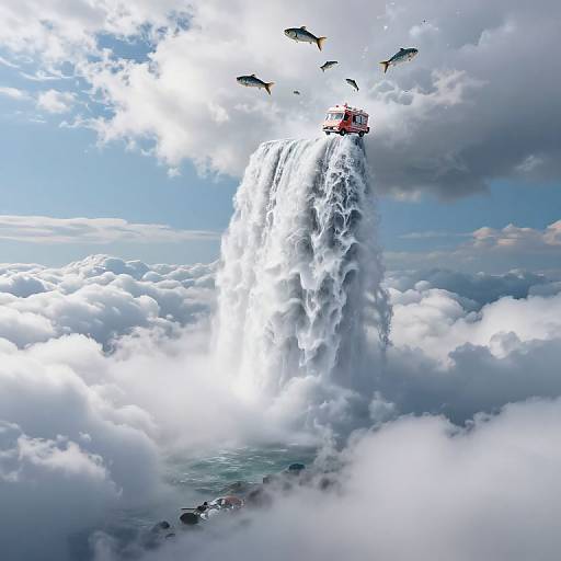 Photograph-style digital artwork of a red ship atop a towering waterfall amidst fluffy clouds, with flying fish above. Bright, dramatic sky.
