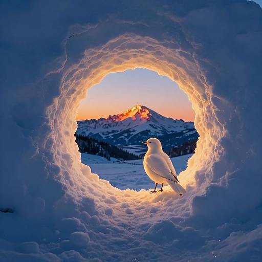 Photograph of a white seagull perched inside a glowing snow tunnel, with a sunlit snow-capped mountain and pink-orange sky in the