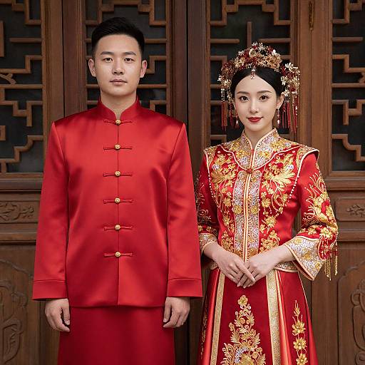 Photograph of an Asian couple in traditional red Chinese attire; man in red qipao, woman in ornate red cheongsam, standing before