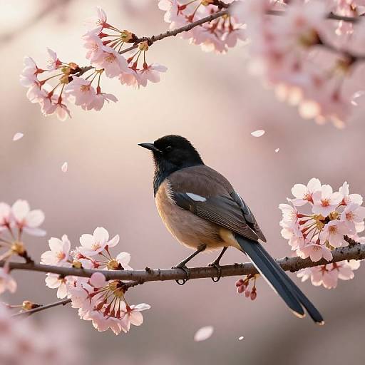 Photograph of a small black-and-brown bird perched on a cherry blossom branch, surrounded by soft pink flowers with a bright, blurred background.