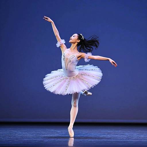 Photograph of a graceful ballerina in a sparkling white tutu, poised on pointe, arm raised, against a dark blue stage backdrop.