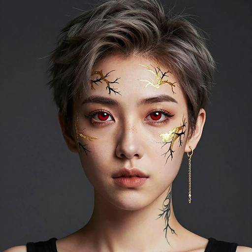 Digital portrait of an androgynous person with short gray hair, red eyes, gold and black face paint, and a chain earring, against