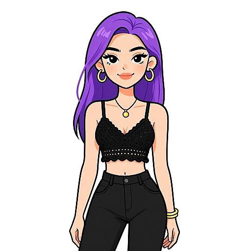 Digital illustration of a smiling woman with long purple hair, wearing a black lace crop top, black high-waisted pants, hoop earrings, and a