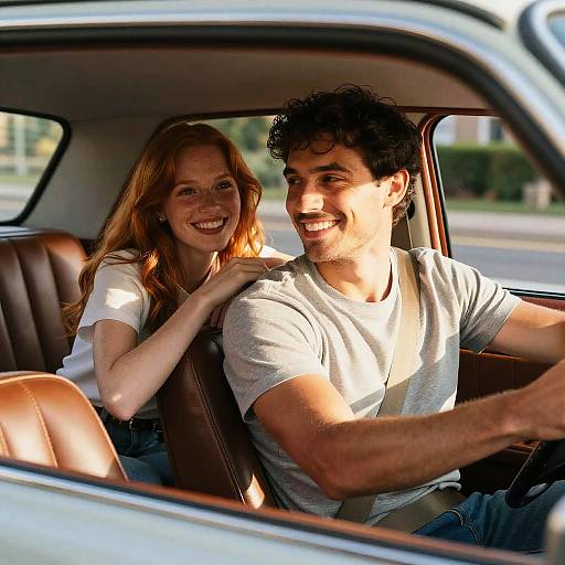 Smiling Couple in Vintage Car