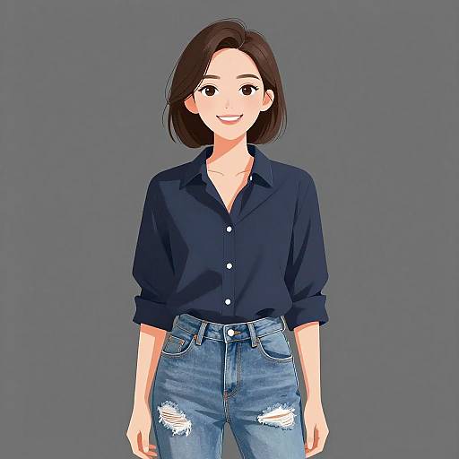 Smiling Woman in Casual Denim Outfit