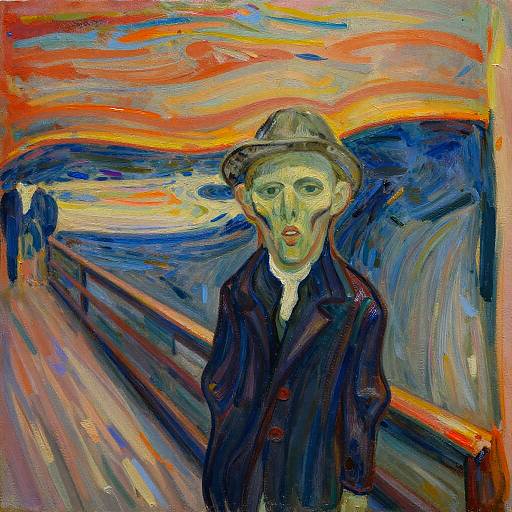 Expressionist painting of a man with a pale face and dark coat, wearing a hat, under a vibrant, swirling sunset sky. Edvard Munch