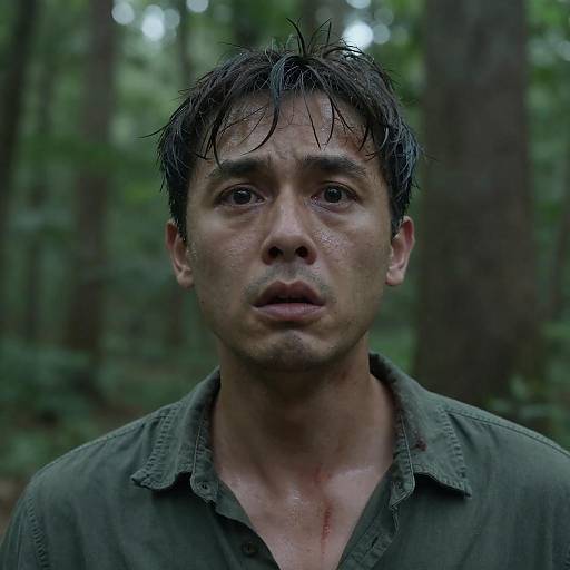 Distressed Man in Forest Light