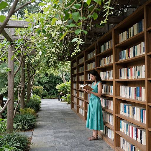 Photograph of a woman in a turquoise dress, standing in a lush garden, reading a book against a wooden bookshelf.