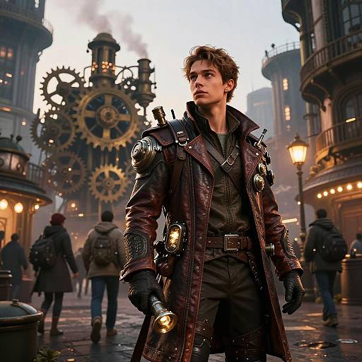 Photorealistic CGI of a young man in a steampunk-style coat with gears and lights, standing confidently in a foggy, gear-filled city