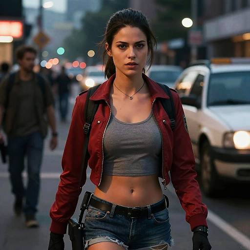 Woman in Red Jacket with Thigh Holster Walking in City